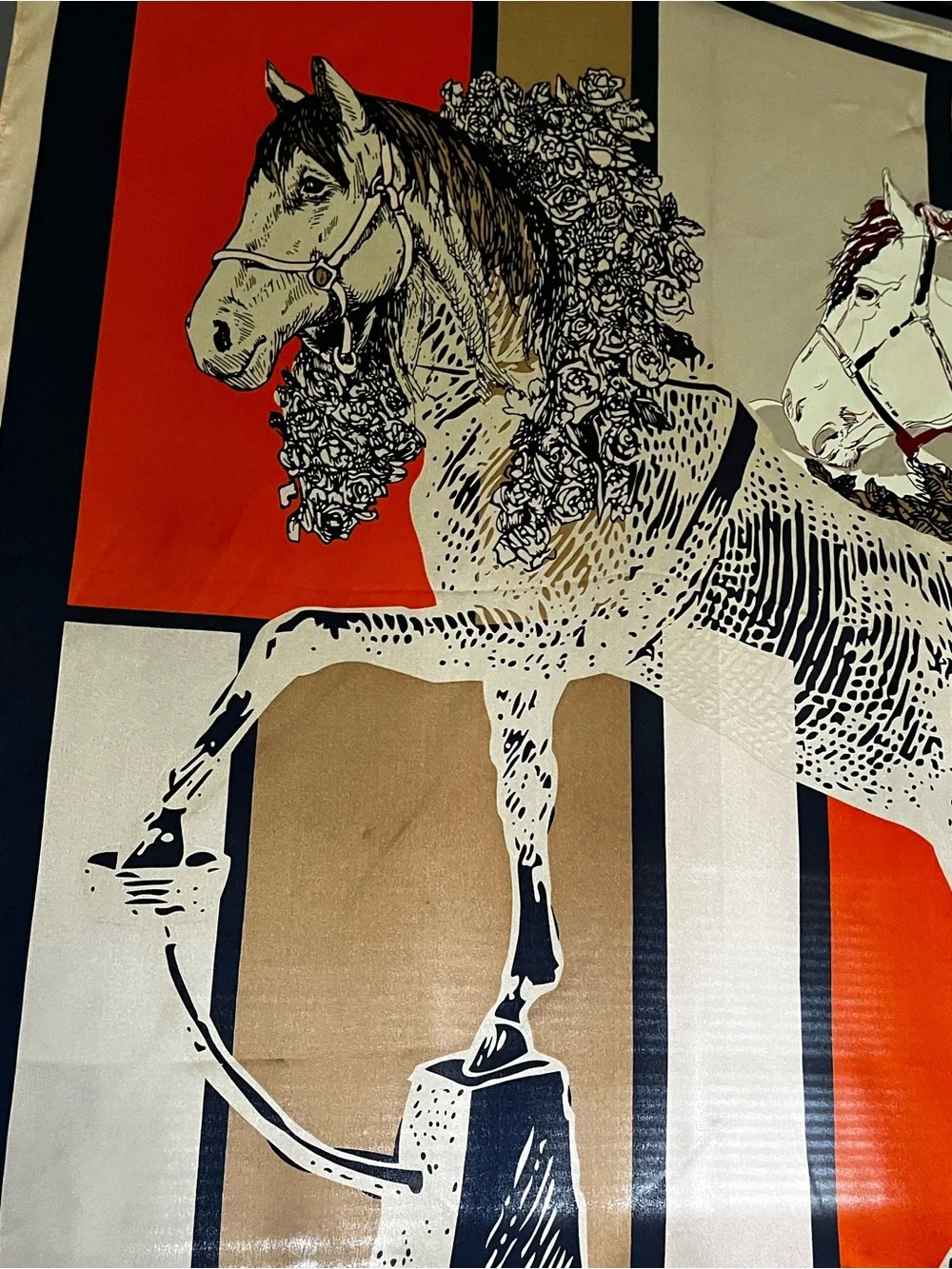 Equestrian Silk Scarf Print - Beige, Orange & Black
